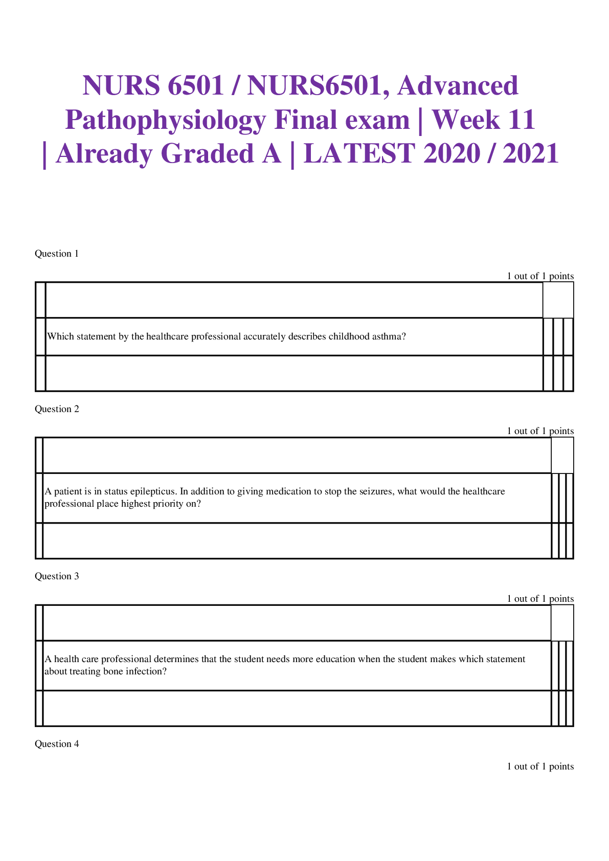 NURS 6501 / NURS6501, Advanced Pathophysiology Final exam | Week 11 | Already Graded A | LATEST 2020 / 2021